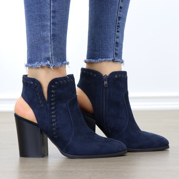 Pointy Toe Navy Suede Ankle Boots With Sling Back - Picture 3 of 7
